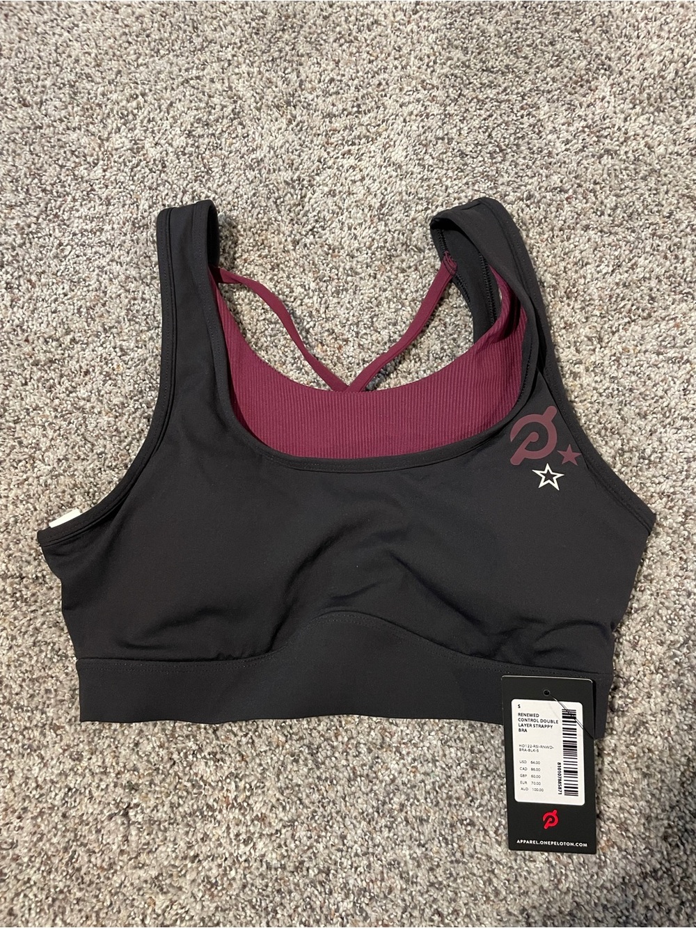 Peloton Black Sports Bra with Burgundy Inner Layer
